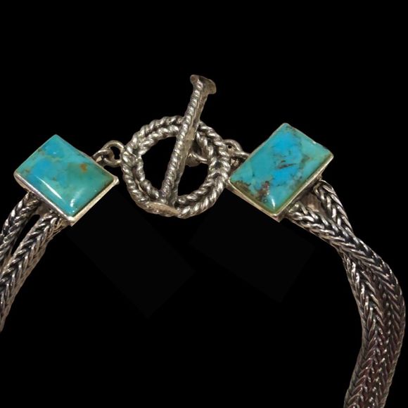 BARSE Sterling Silver Turquoise Coral Lapis Cabochon Thai Weave Toggle Bracelet - Picture 6 of 15